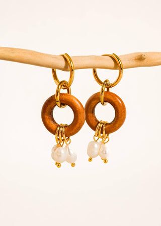 Gold Non - Tarnish Pearl& Wood Drop Earrings - Verte Boutique