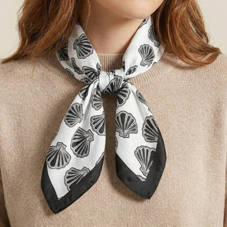 Coastal Seashell Satin Bandana Scarf: Black & White Silk - Feel Wrap - Verte Boutique