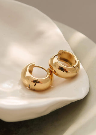 Gold hoop earrings on a white shell