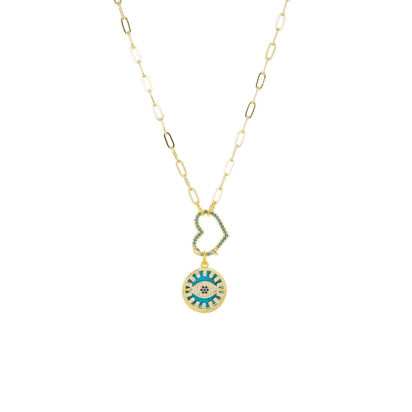 Evil eye medallion necklace with heart clasp