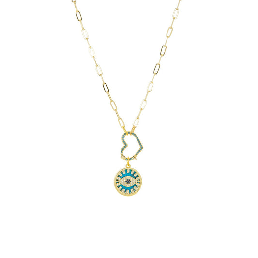Evil eye medallion necklace with heart clasp