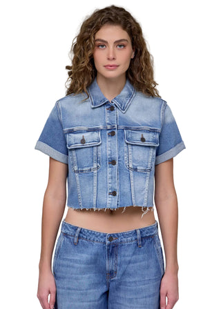 Medium Wash Cropped Short Sleeve Stretch Trucker Jacket - Verte Boutique