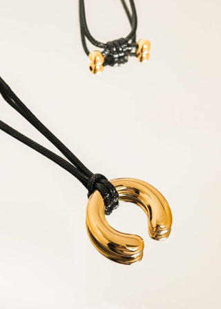 Black Corded Non - Tarnish Gold Horseshoe Pendant Necklace - Verte Boutique