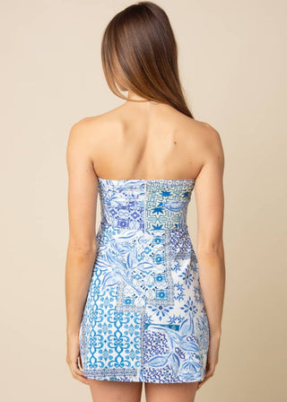 Blue Scarf Print Strapless Bow - Front Mini Dress - Verte Boutique
