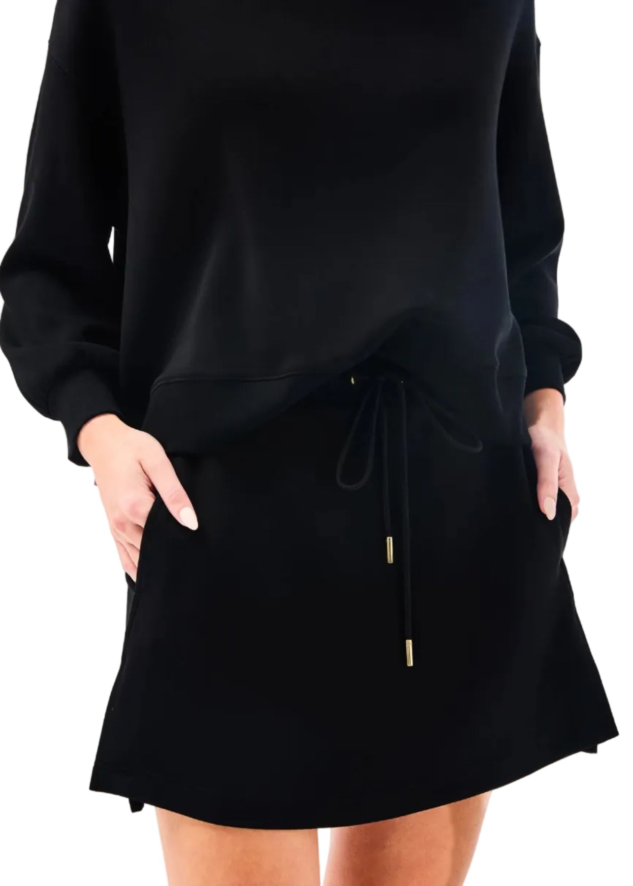 Black dress with long sleeves and a drawstring waist on a white background