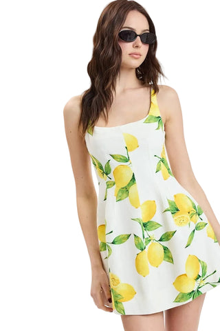 Linen - Blend Square Neck Lemon Print Mini Dress - Verte Boutique