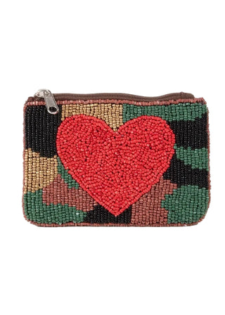 Beaded camo pouch with a red heart design on a white background