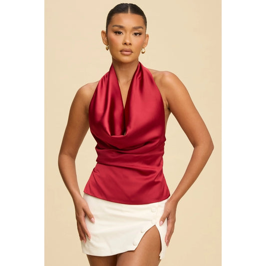 Cranberry Drape Satin Cowl Neck Top