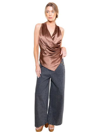 Mocha Satin Wrap Top - Verte Boutique