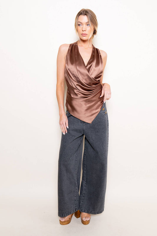 Mocha Satin Wrap Top
