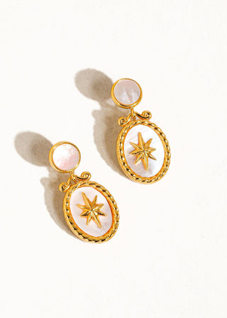 A pair of 18K gold plated brass vintage star shell earrings with white and pink shell-like patterns and gold accents.