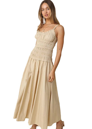 Khaki Smocked Cotton Drop Waist Maxi Dress - Verte Boutique