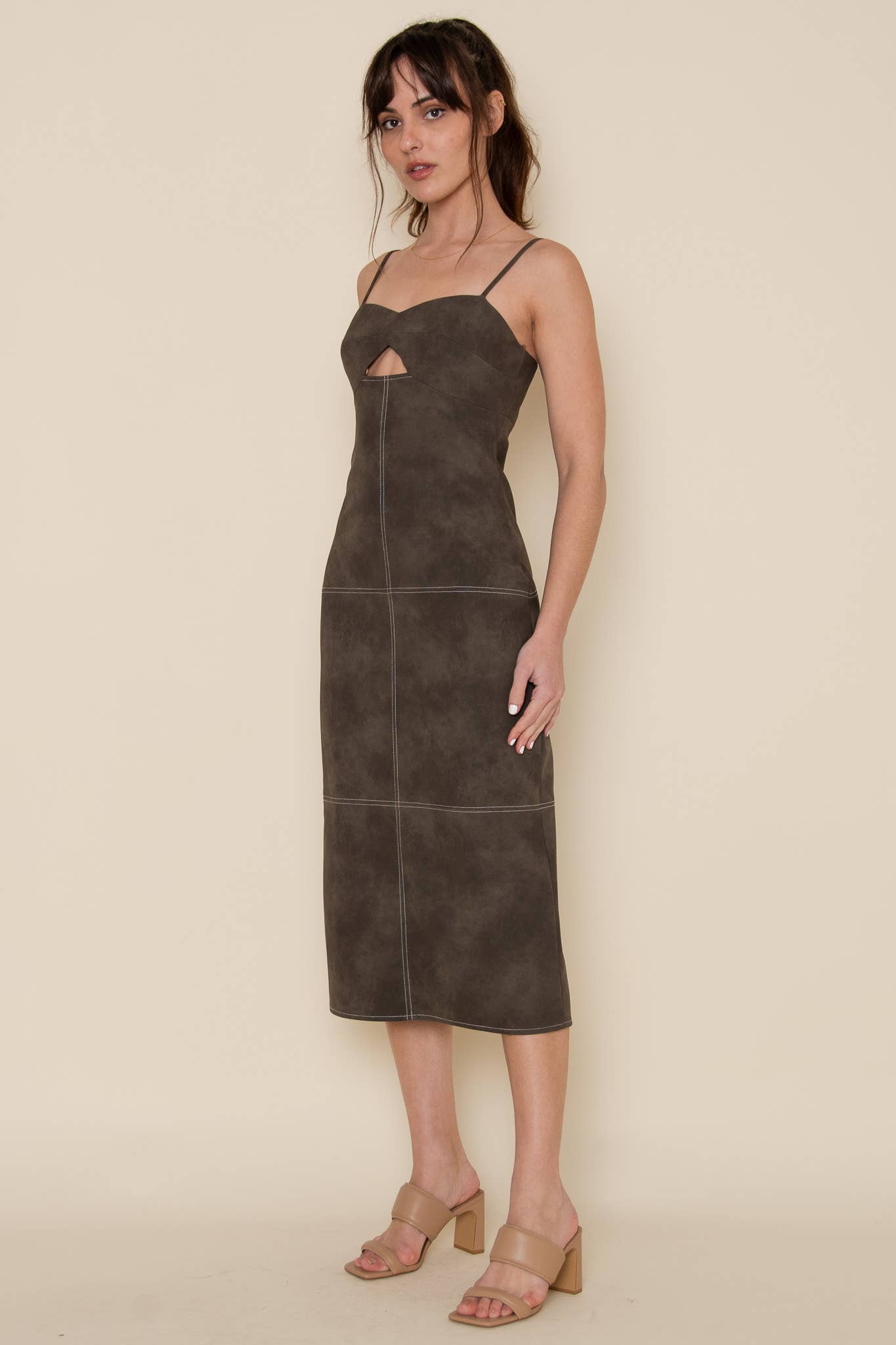 Brown Faux Leather Midi Dress