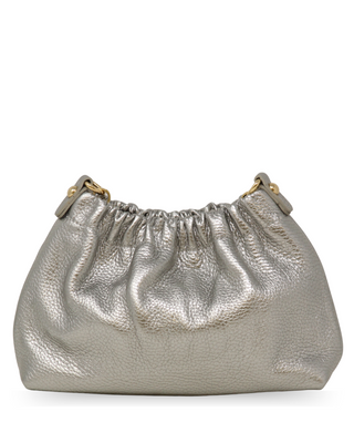 Silver handbag with gold accents on a white background