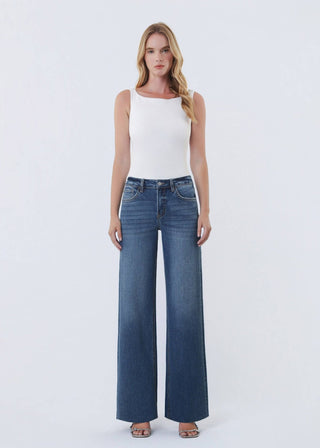 High Rise Dark Wash Raw Hem Wide Leg Jeans | Comfort Stretch Denim - Verte Boutique