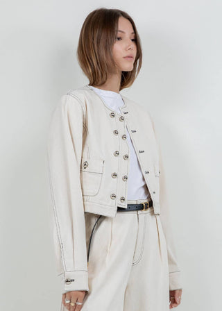 Luna Cream Washed Cropped Jacket with Metallic Accent Buttons - Verte Boutique
