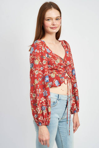 Lace Up Front Floral Top - Verte Boutique