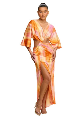 Sunset Watercolor Twist-Front Cutout Maxi Dress - Verte Boutique