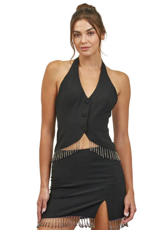 Beaded Fringe Hem Halter Neck Woven Top - Verte Boutique