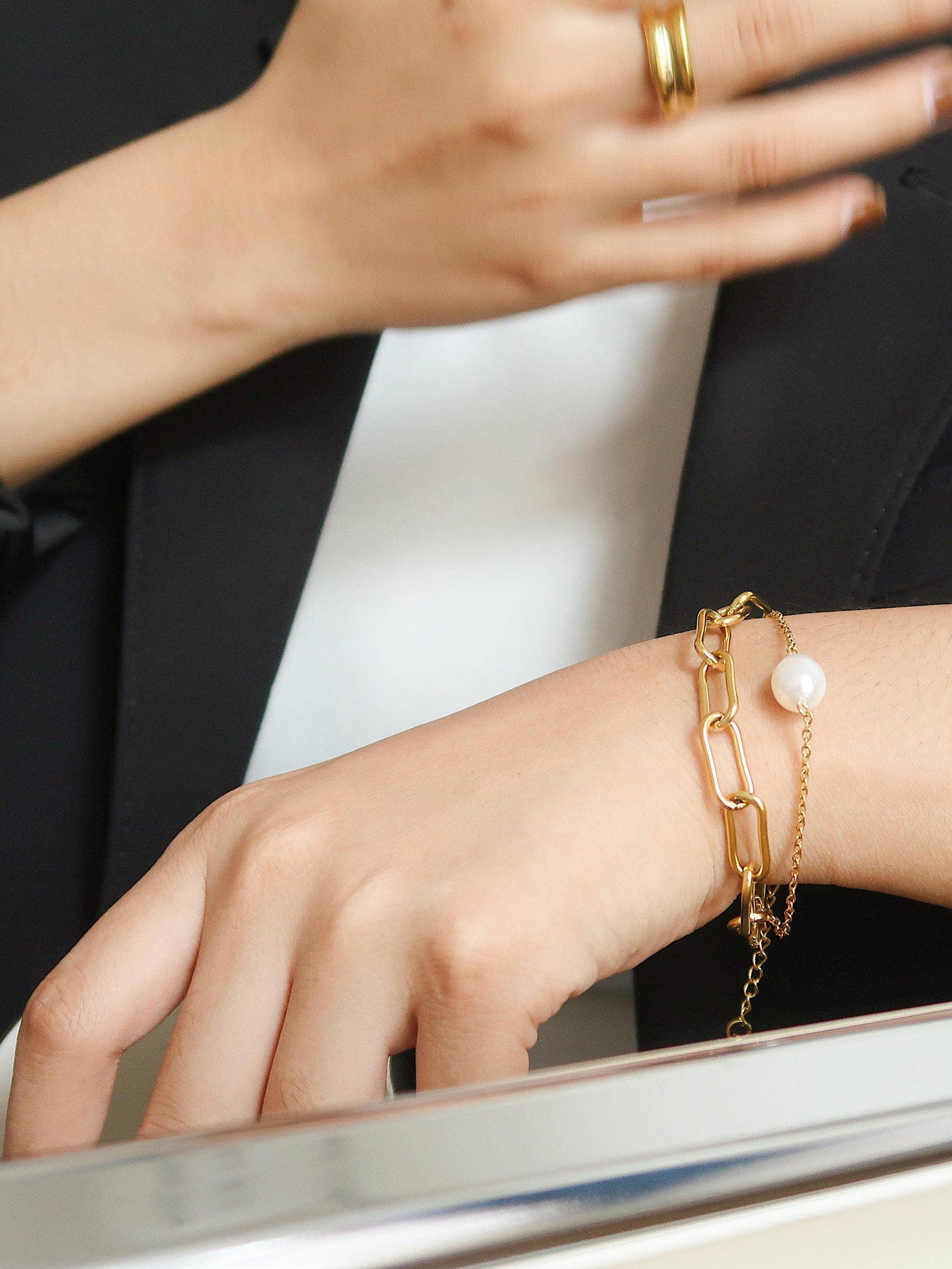 Gold Stacked Chain Pearl Bracelet