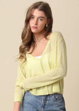 Aria Sheer Cropped Knit Cardigan - Celery