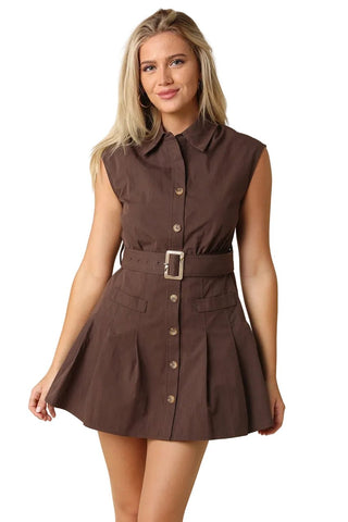 Belted Sleeveless A-Line Shirt Dress - Verte Boutique