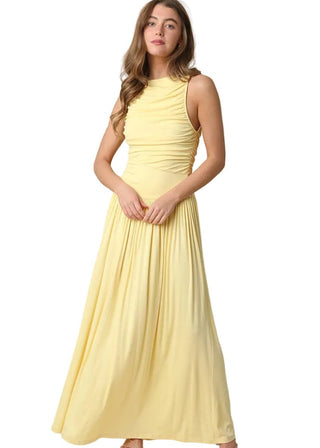 Butter Yellow Drop Waist Sleeveless Maxi Dress with Ruching - Verte Boutique