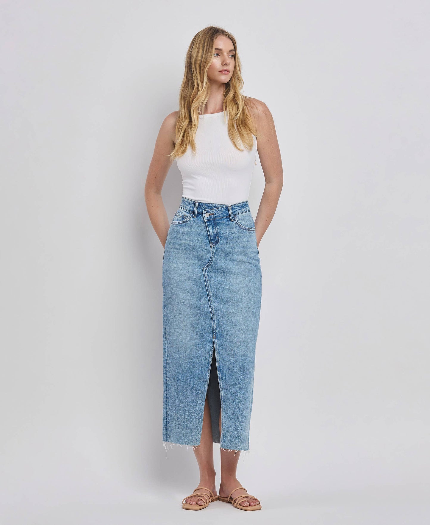 Criss Cross Front Slit Denim Maxi Skirt