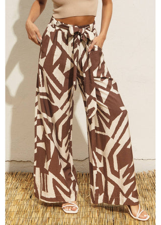 Sahara Geo Print Satin Wide Leg Pants with Removable Belt - Verte Boutique