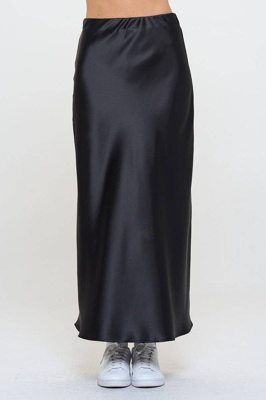 Black Silky Satin Maxi Skirt