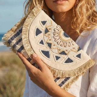 Boho Beaded Fringe Clutch Bag – Cream, Blue & Tan Statement Purse - Verte Boutique