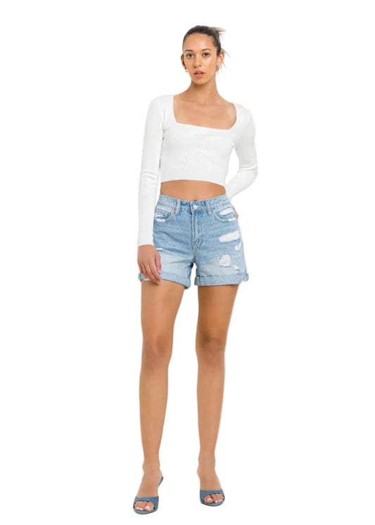 high rise mid length denim short