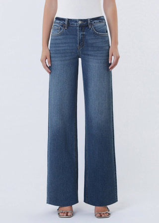 High Rise Dark Wash Raw Hem Wide Leg Jeans | Comfort Stretch Denim - Verte Boutique