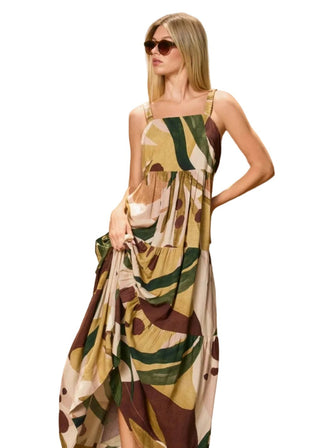 Tropical Foliage Linen - Blend Tiered Maxi Dress - Verte Boutique