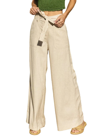 Oatmeal Cotton Linen Wide - Leg Belted Trousers - Verte Boutique