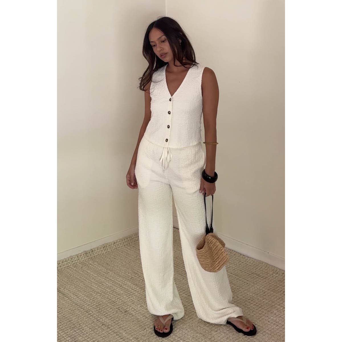 Textured Vest Top And Wide Leg Pants Sets