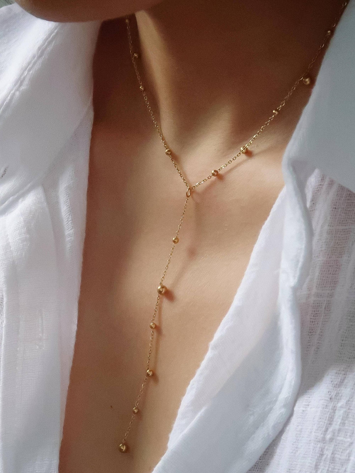 Gold Non-Tarnish Beaded Y Lariat Necklace