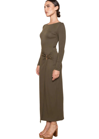Eleanor Gold Buckle Wrap Long Sleeve Knit Maxi Dress - Verte Boutique
