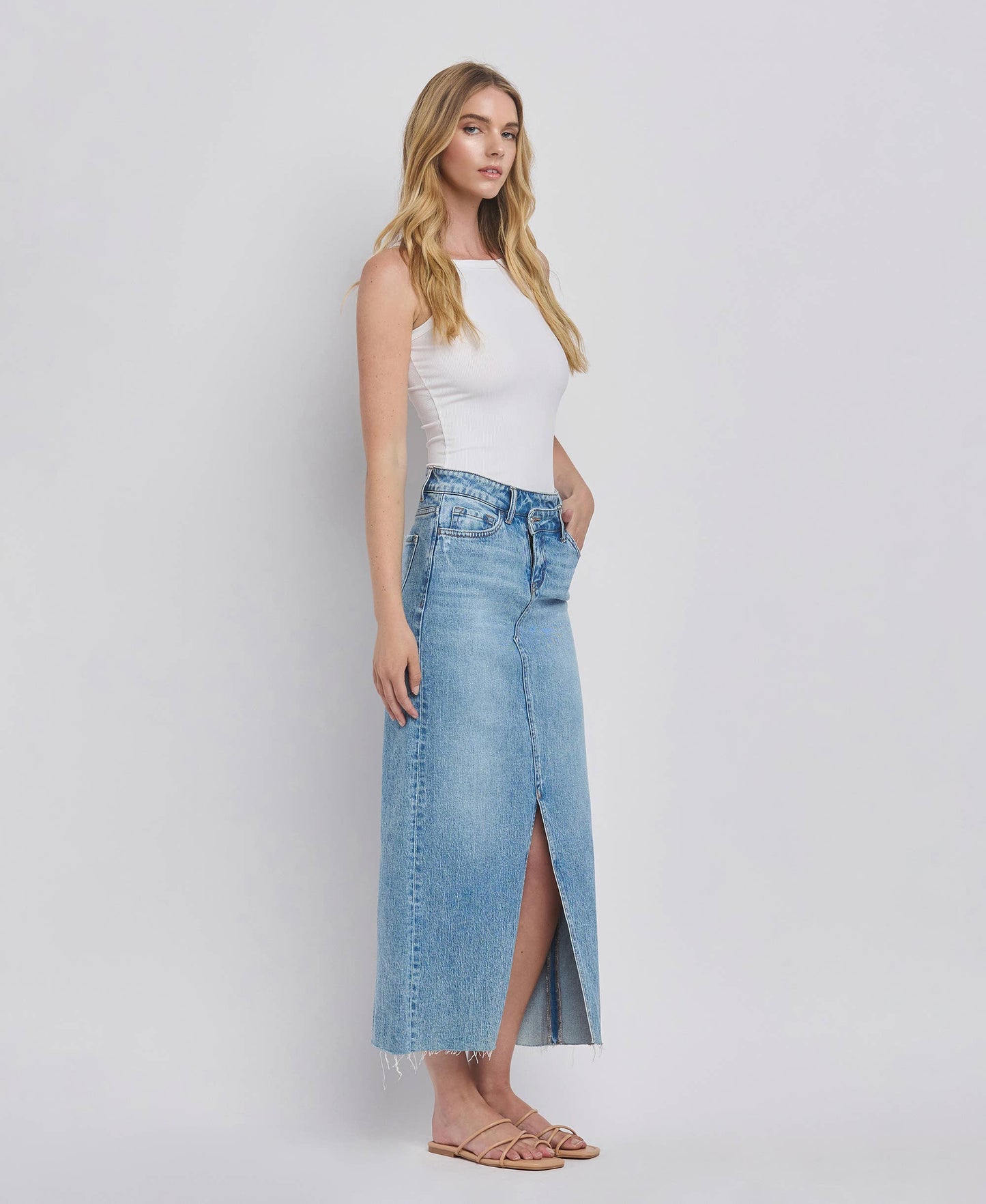 Criss Cross Front Slit Denim Maxi Skirt