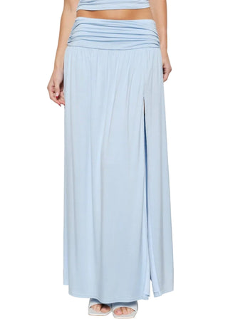 Sky Blue Ruched Maxi Skirt – Flattering High - Waist Side Slit - Verte Boutique