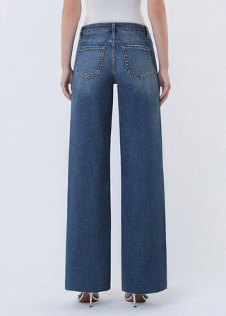 High Rise Dark Wash Raw Hem Wide Leg Jeans | Comfort Stretch Denim - Verte Boutique