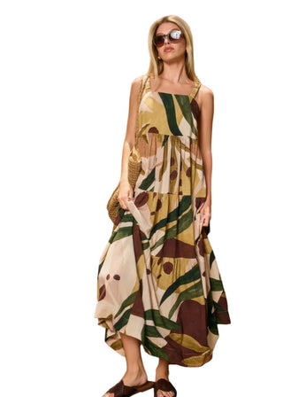 Tropical Foliage Linen - Blend Tiered Maxi Dress - Verte Boutique