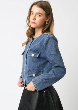 Luxe Collarless Denim Jacket with Gold Embossed Buttons - Verte Boutique