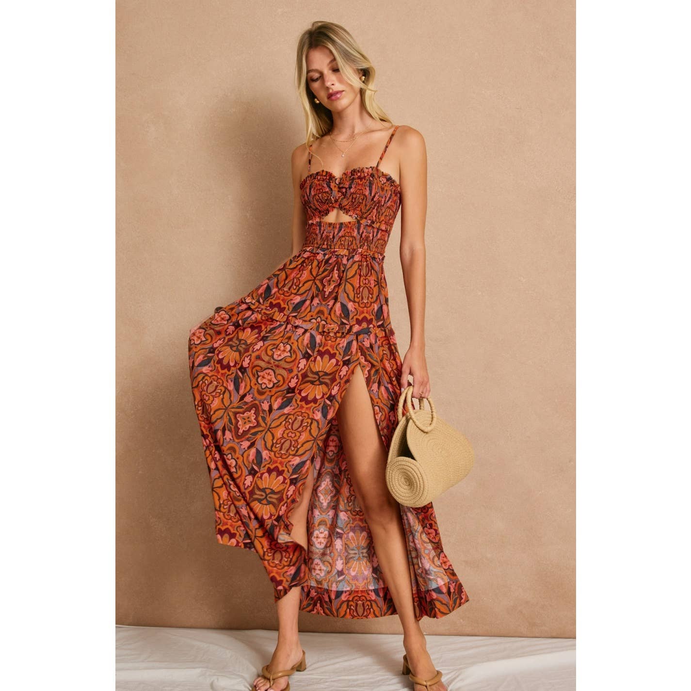 Fall Print Cutout Smocked Maxi Dress