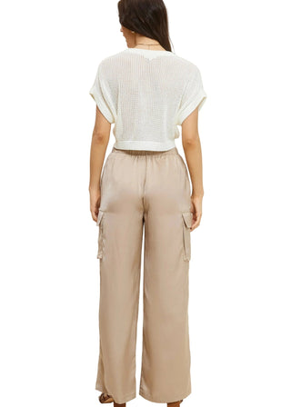 Nude Drawstring Waistband Solid Satin Cargo Wide - Leg Pants - Verte Boutique