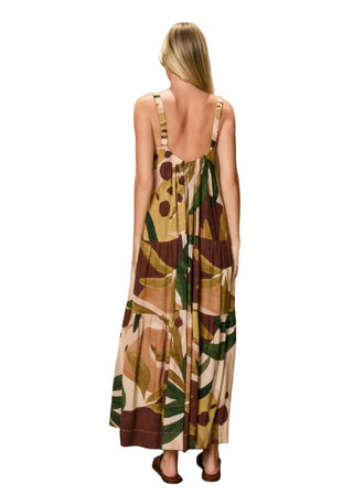 Tropical Foliage Linen - Blend Tiered Maxi Dress - Verte Boutique