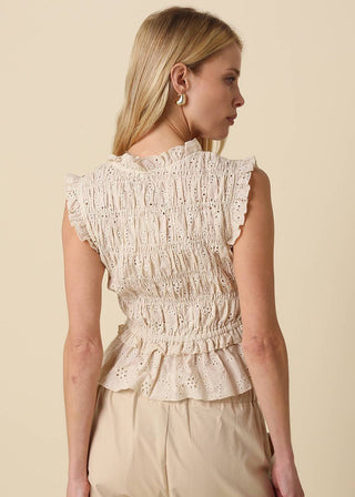Natural Eyelet Smocked Peplum Blouse - Verte Boutique