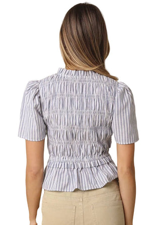 Striped Tie - Front Peplum Top | Smocked Puff Sleeve Blouse - Verte Boutique