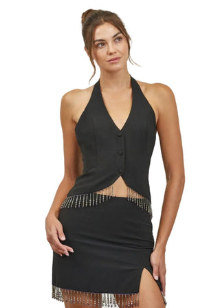 Beaded Fringe Hem Halter Neck Woven Top - Verte Boutique