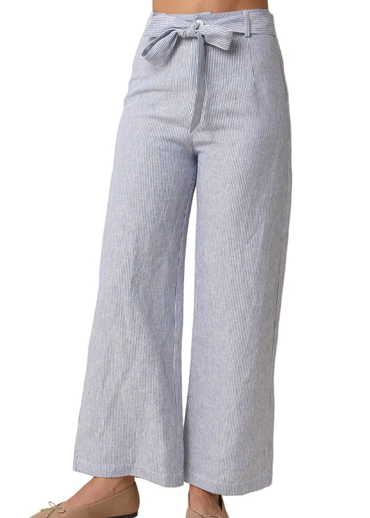 Blue & White Linen Pinstripe Striped Tie-Waist Pants